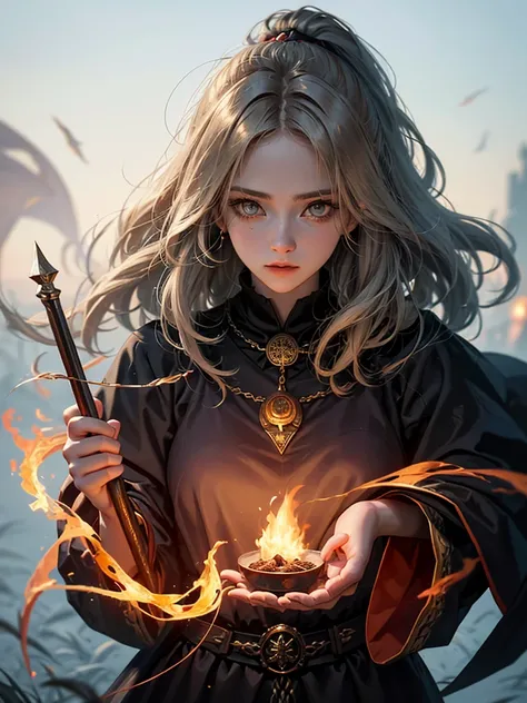  wears a witch costume and has a bright wand，Female Wizard召唤咒语，黑暗幻想Female Wizard，Portrait of a witch，Beautiful Witch，Female Wizard，Female Fire Magician ， Fire Mage character 