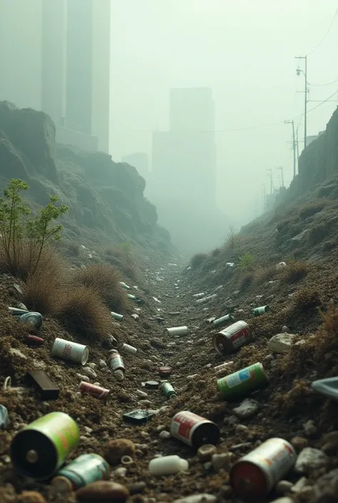 A polluted landscape, full of garbage 