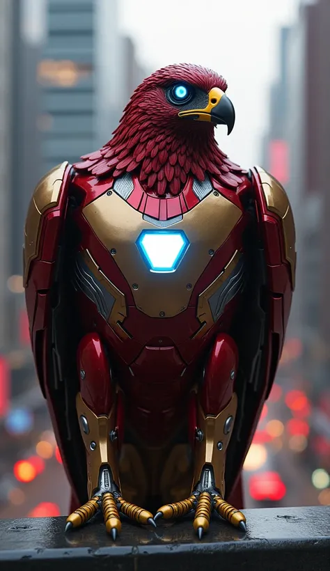 "Create a photorealistic image of a hybrid creature that merges the features of a falcon with the advanced technology of Iron Man’s armor. This powerful, falcon-like creature has a streamlined body and wings enhanced with red and gold metallic feathers tha...