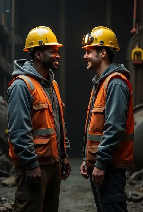 manages 2 mining workers, one black and one white, greeting each other and smiling, both wear safety equipment