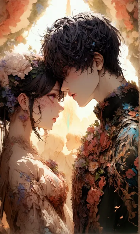 Detailed Anime illustration, dynamic view, awesome composition, moddy theme images, couples, 1girl, 1boy, detailed, detailed lips, colour chaos, Masterpiece