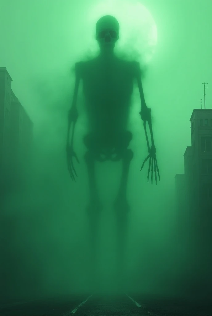 The buildings can be seen behind the ghost ,  of a giant skeleton ,  full of green smoke, and ,  is full of evil, as if you were afraid just by looking at it., 