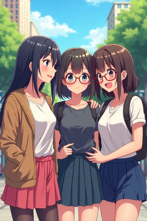 Creat a anime image of 3 best friends female
 one with straight hair bangs
 one with straight hair no bangs and red framed glasses
 one with wavy hair no bangs and black framed glass
All of them with black hair and full cloths