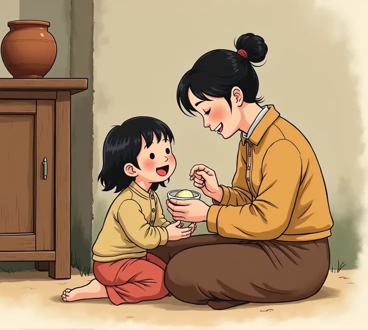 This picture depicts a poor family in the countryside. A Taiwanese mother is sitting on the ground feeding her . Both of them are very happy and smiling. There is a tall cabinet in the background with a brown ceramic pot on it. The overall illustration sty...