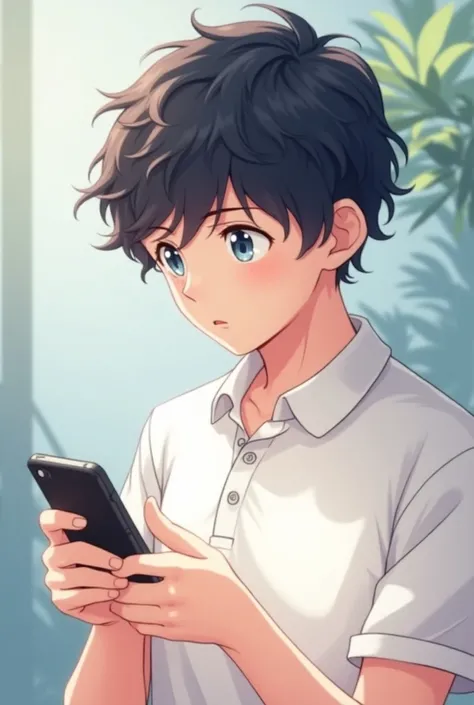 19 year old anime boy holding a phone wearing a white polo shirt with short half curly half straight hair 