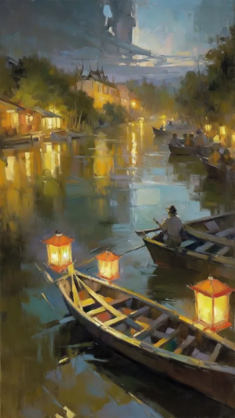  oil on canvas , impressionism,(masterpiece,  Best quality ,  pompous skirt,  better shade),( detailed background),realistic ,(Rembrandt),  floating lanterns in a dark sky ,  a canoe floating in the middle of a river in Thailand, beautiful oil-painted image ,  Color Field Painting , (large swathes of color):1.2, Abstract expressionism, bold tones, emotional impact,  atmospheric depth ,  Colorful painting but with color composition .