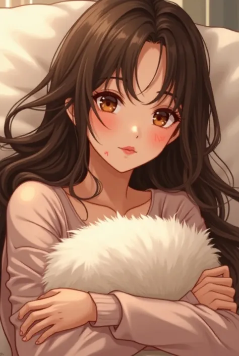   A style that combines the subtlety of animation with realistic depictions、 20歳くらいの長いBrown Hairの女の子  、 Loungewear、   Brown Eyes   、Brown Hair、Heart mark on cheek   、 Hold the cushion tightly 