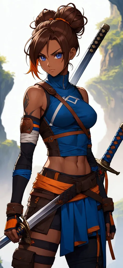 Brown anime woman. She’s toned and slim. Her hair colour is brown and it’s a messy bun with blue and orange dyed at the ends. She wears blue, orange and black combat outfit with skirt and pants bandages wrapped around her chest and arms. She stands upright...