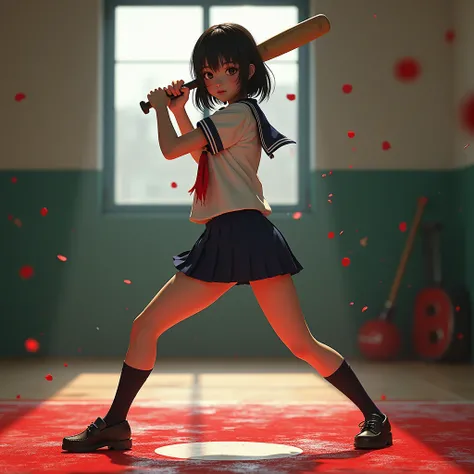 ExtremelyDetailed (Kuriyama Chiaki in Kill Bill), High definition Beautiful face with Innocence, Haunting Beautiful Reflective Eyes, in Very Wide Stance and Low Posture, WholeBody Shot from Directly Below, Swinging a Baseball Bat like Dancing Gracefully, C...