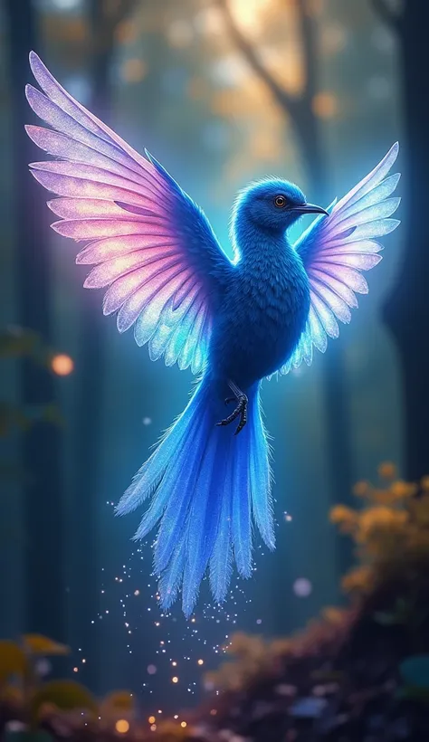 A hyper-realistic close-up of a small queen bird long tail mid-transformation under vibrant rainbow light. Its feathers glow with shifting blue colour, radiating a soft aura. Tiny glowing particles trail behind the bird as it spreads its radiant wings. The...