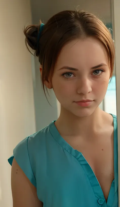 young californian woman, s , face from exact front perspective face from exact front perspective, wearing teal surgical scrubs, short hair tied in a bun / chignon, perspective from above