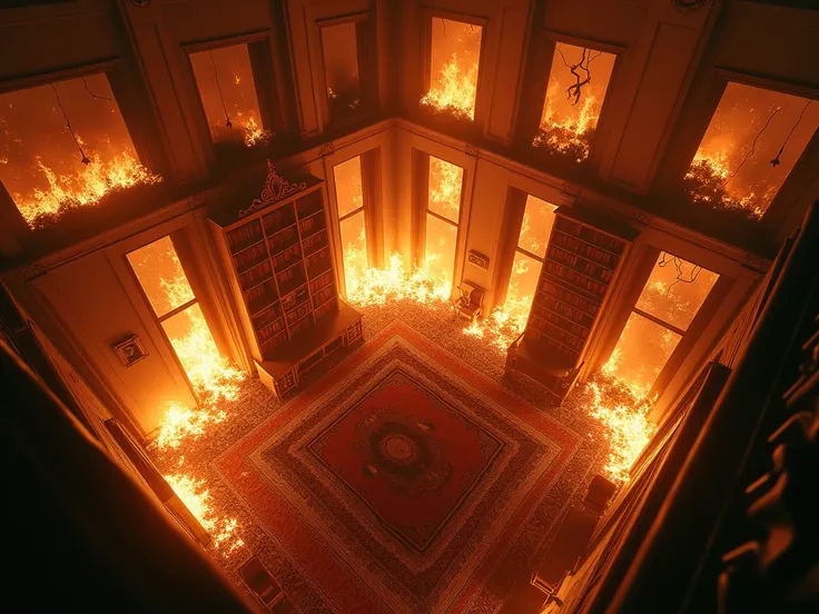 
Intérieur dun manoir en flammes, vu den haut. Il y a beaucoup de flammes. La pièce est remplie de mobilier en bois sombre, des étagères de livres, des chandeliers et des objets décoratifs dépoque, le tout entouré de flammes intenses et dune fumée dense. D...