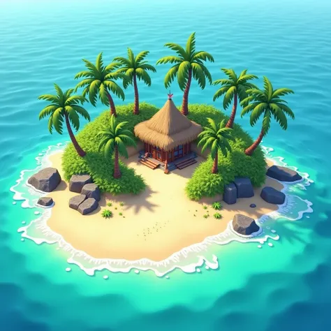 Little island with palm trees and a sandy beach, tropical island, island in a blue sea, small hut, tropical location, rock stone, no human being,virgin land