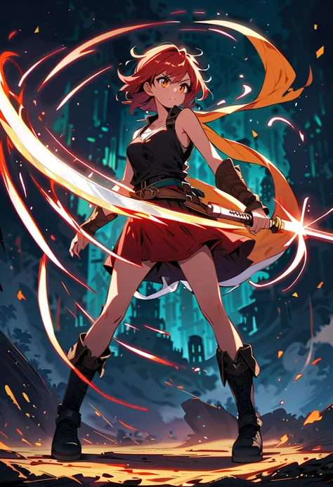  sword ,  red short hair,  force  power,  ,   teenage  female, full body.  , fantasy swords, half Dragon girl,fantasy ,  lightsaber half  blade 