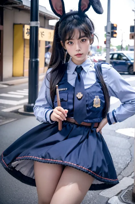 Japanese female police officer in uniform, mini skirt, police officer, Rabbit officer, has rabbit ears, brown rabbit ears, in the street, ((thick thighs)), (((realistic))), (((High resolution)))