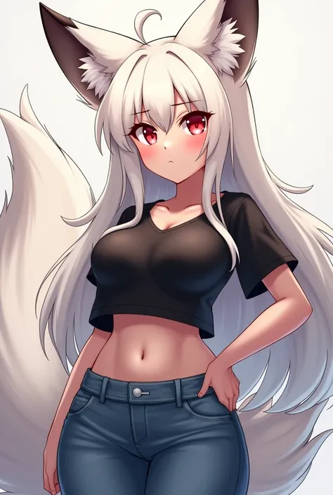  1girl,  full body, curved,  narrow waist ,  thick shoulders, jeans, One,  detailed face and eyes, fox girl,  coachgil looking at the viewer , Dressed,  black shirt ,  big breasts, shiny skin,  fluffy, antro, white body, white wool,  red eyes, simple backg...