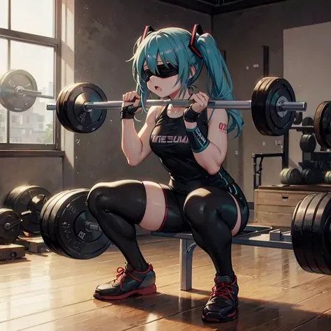 hatsune miku,blindfold,(eat ramen),training gym,(((weightlifting,weightlifting)))