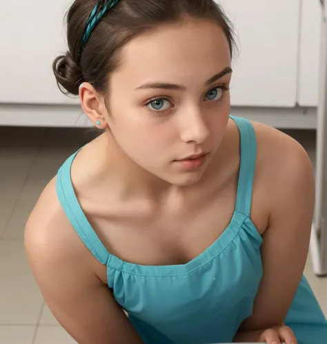 californian teenager girl,  , face from exact front perspective,  perspective from above, wearing teal surgical scrubs, short hair tied in a bun / chignon