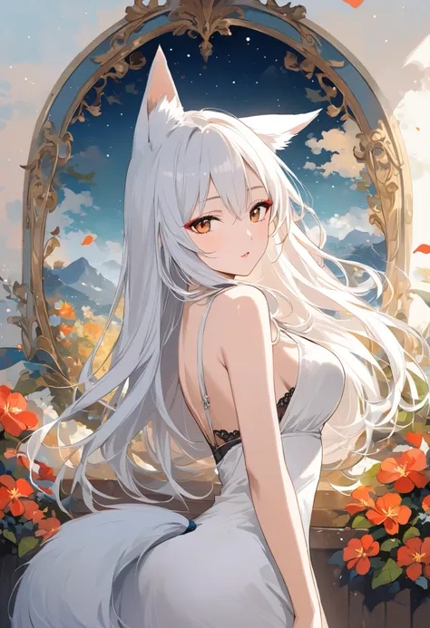  Thin and Soft Painting Style、 The Foxs Sexy Sister 、White Hair、long hair、 fox ears、Fox&#39;s Tail、Slanted Eyes、Red eyeliner,Sexy Illustration 、 beautiful background