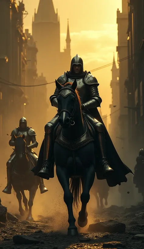 a knight riding a horse through a dark and chaotic city, mysterious figures in the background, apocalyptic atmosphere, gothcore ...