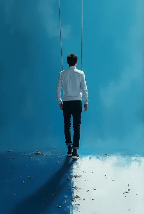 to look at the back of the head of a young man on white shirt black pants and boots walking on a rope in half dark blue and half white on the ground 