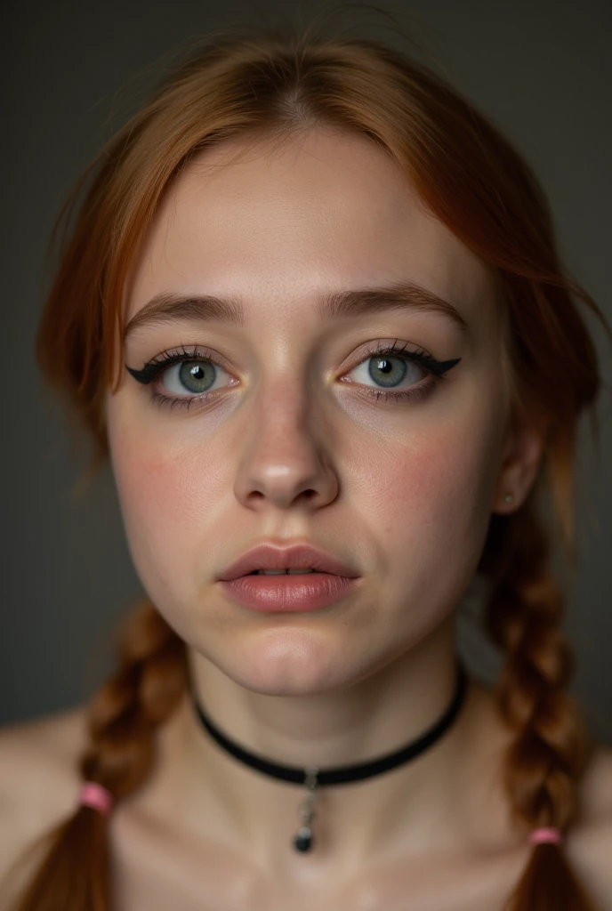 runny makeup, a 22 year old girl, facing the camera, eye contact, solo, pale skin, sad expression, ginger hair in pigtails, choker, (tears), (running makeup), (runny makeup), crying, crying with eyes open, (running mascara), smudged eye makeup, looking at ...