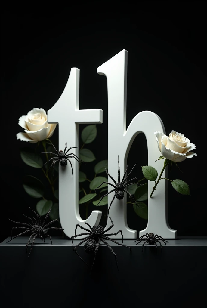 There are white letters Th. behind the black background, and there are spiders in front of the letters, and there are white roses behind the letters in a simple model.