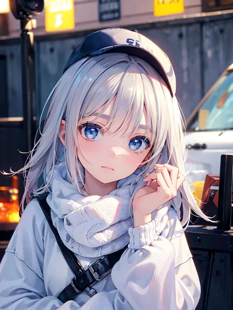  (8K, 4K, Best Quality, High Resolution: 1.2) ,1 girl, megami magazine, white hair, short hair, blue eyes ,a beautiful young african american girl, solo, medium skin tone, baseball cap, mischievous expression, detailed facial features, (best quality,8k,hig...