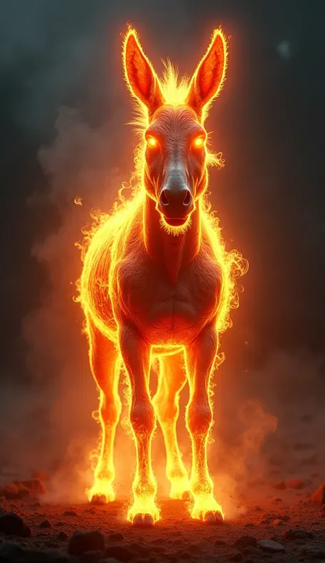 a beautiful imposing (donkey) made of fire and illuminated, very realistic, 4k