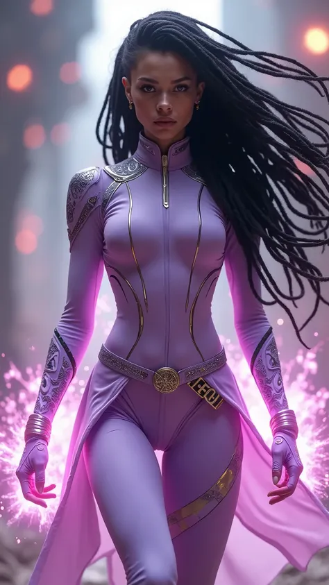 Full body photorealistic beautiful and gorgeous and sexy young slender futuristic black dreadlocks haired female hero wearing a powder lilac costume with belt and gloves and wristbands that can summons cosmic energy,,high quality, (RAW photo, best quality)...