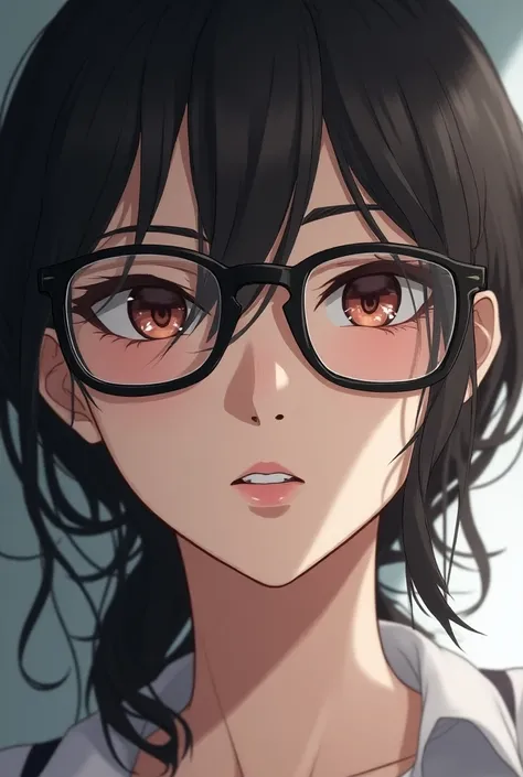 Anime beautiful woman with cynical gaze wears glasses