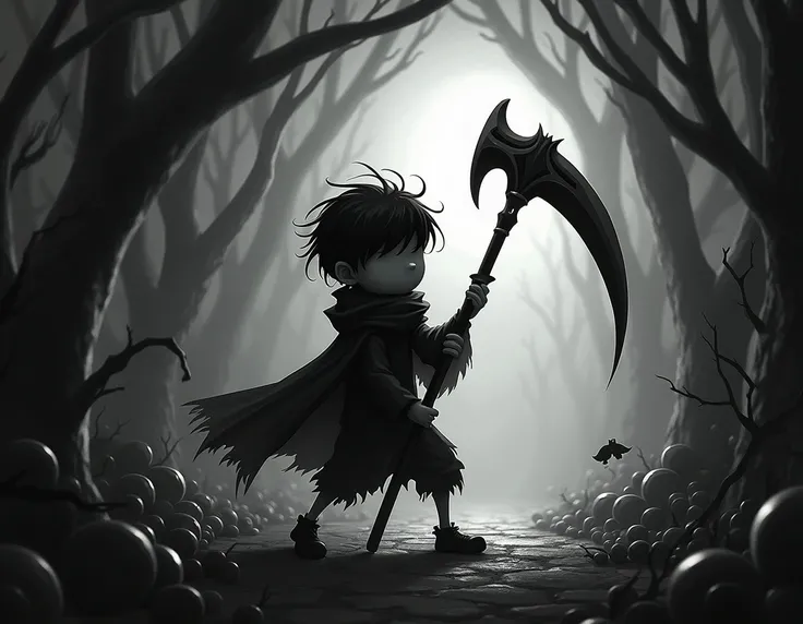 Shade a boy from a cartoon character with a scythe in the beads sitting
In black and white