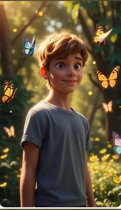 Realistic full-length animation of a cheerful boy of about 17 with straight, light brown hair and bright, expressive eyes. He should be wearing casual clothing, such as a T-shirt and shorts, with sneakers. The girl has a friendly and curious expression, st...