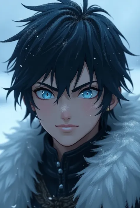 hair boy: cabello oscuro,  of a black or dark brown tone ,  slightly disheveled and somewhat long .

eyes:  Of a very light blue color , almost like ice ,  that reflects the coldness and determination of a severe leader.

fur: very pale,  almost with a sli...