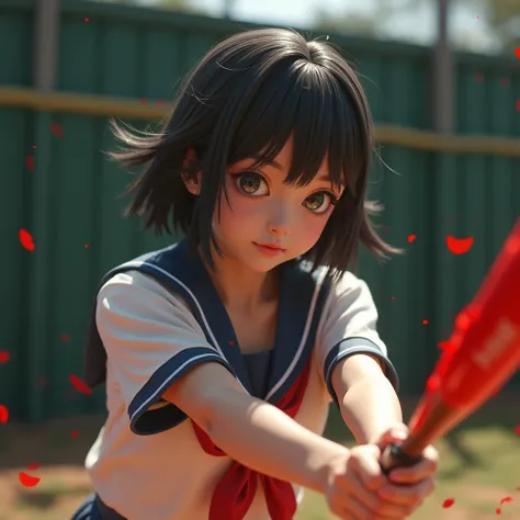 ExtremelyDetailed (Kuriyama Chiaki in Kill Bill), High definition Beautiful face with Innocence, Haunting Beautiful Reflective Eyes, in Very Wide Stance and Low Posture, WholeBody Shot from Directly Below, Swinging a Baseball Bat like Dancing Gracefully, C...