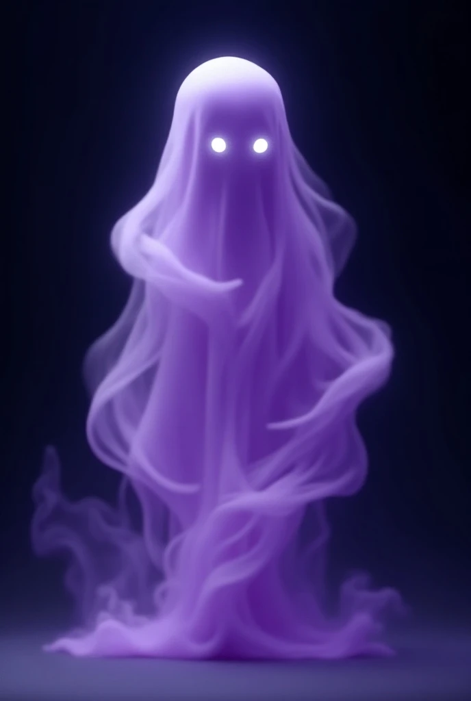 A ghost made of light purple smoke with a humanoid shape with white eyes standing on a black background