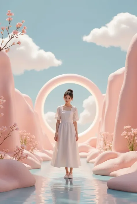  a Korean girl 26 years old  , light pink flowers surround clouds and pond,  Surreal 3D landscape style , Oval entrance,  pastel color landscape ,  using movie 4D rendering ,  flowing and organic , rural,  surreal elements  ， style rendered in Cinema4D ,  ...