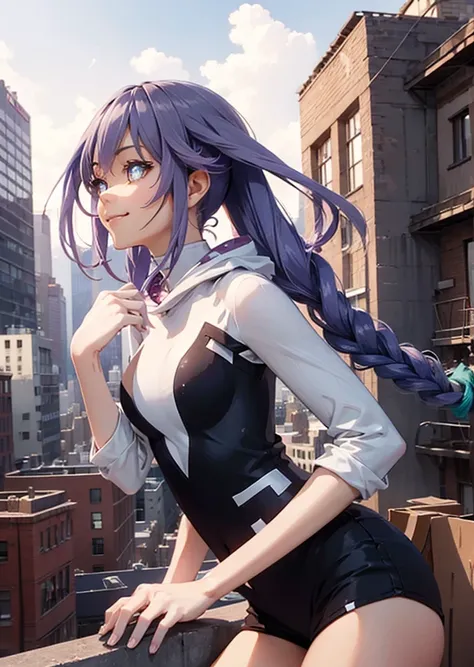 She is on a rooftop looking at a New York cityscape in a very detailed background ,  she turns her back on the image and you cant see her face she wears a Gwen hoodie and you can see her pigtails on the sides of her hood, smile,  Masterpiece picture qualit...