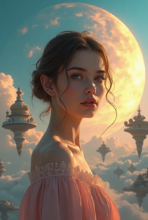 a highly detailed digital painting of a woman with beautiful detailed eyes, beautiful detailed lips, extremely detailed eyes and face, long eyelashes, wearing a flowing dress, in a vast, surreal landscape with floating islands, ethereal clouds, and a glowi...