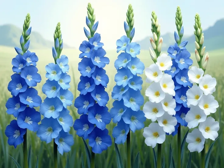 Generate a row of blue and white gladioli for me 