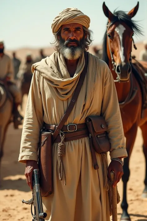 A Yemeni man wearing a gun, a stick, and his horse
