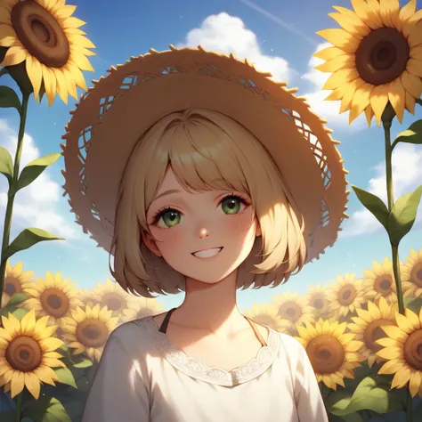  Illustration in pastel colors. A  girl with bangs, wearing a white one-piece dress and a straw hat. She is standing in a bright garden bathed in summer sunlight. Above the girls head towers a large sunflower shining brightly into the sky. In the distance ...