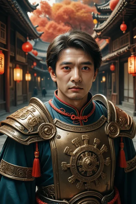 25 year old Chinese man,middle aged man,realistic,chinese_Armor,alone,Background of ancient chinese cities,detailed_eye,shoulder_Armor,(검은 eye),looking at viewer,(masterpiece:1.2), (best quality:1.2), perfect eye, perfect face, perfect lighting, (8K),(comp...