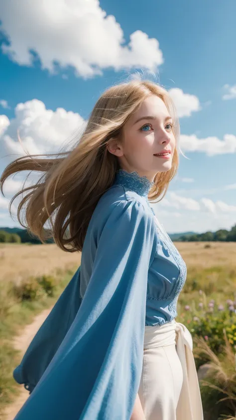  long, soft blond hair fluttering in the wind and 、 A young woman with big, expressive blue eyes 、 beautiful and elaborate live action image 。Her expression is、 as if experiencing bittersweet memories 、 smiling lightly 、 tilting her neck lightly 、 She is w...