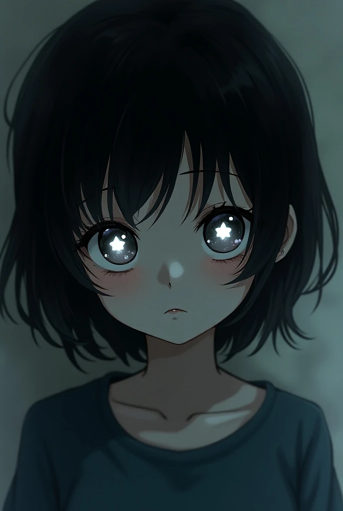 Anime girl with black eyes with large, star-shaped white pupils.