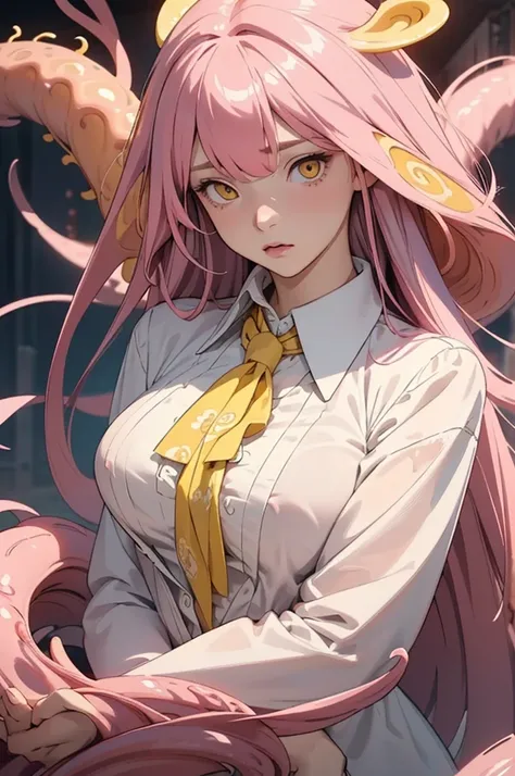 (girl with long pink hair, frustrated, yellow eyes, white collared shirt, extremely detailed, masterpiece, hyper detailed, complex details, tentacle-like worms tangled around her, best quality, very aesthetic, best illustration, nsfw)