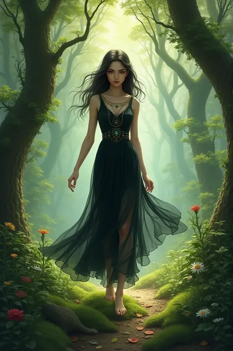 A girl wearing black dress walking in a forest