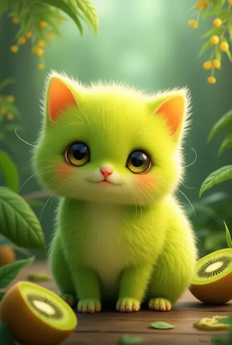 Illustration of a kitten combined with the kiwi fruit