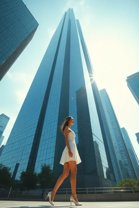 Low angle, static shot: The big modern towers majestically in the background as a majestic beautiful woman short dress strides into frame, its powerful form dominating the foreground. perspective by below to emphasize the womans size and the skyscrapers he...