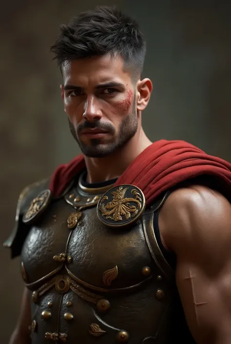 A man of approximately 21 years old ,  where it is only visible from the waist up .  wearing completely gladiator clothing from the time of the Roman Colosseum ,  who has high styles of details in the armor and has very superficial wounds,  that gives him ...